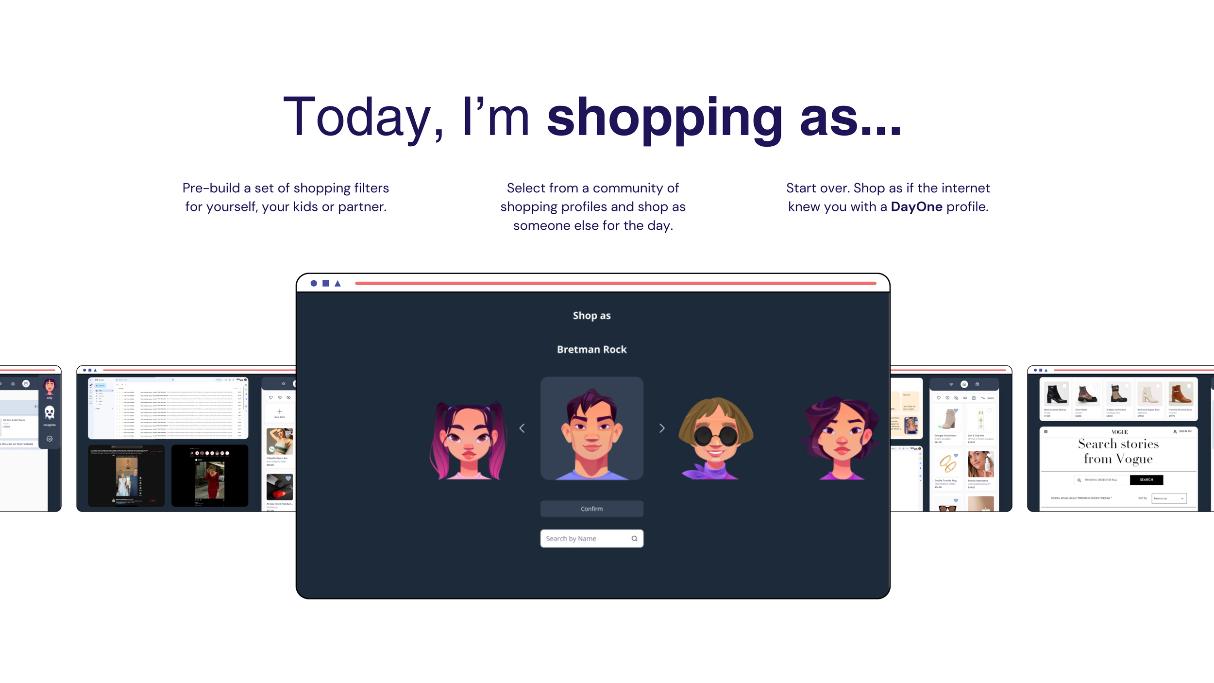 Kookie 'Today, I'm shopping as...' slide with a 'Shop as Bretman Rock' character-picker screen and avatar carousel