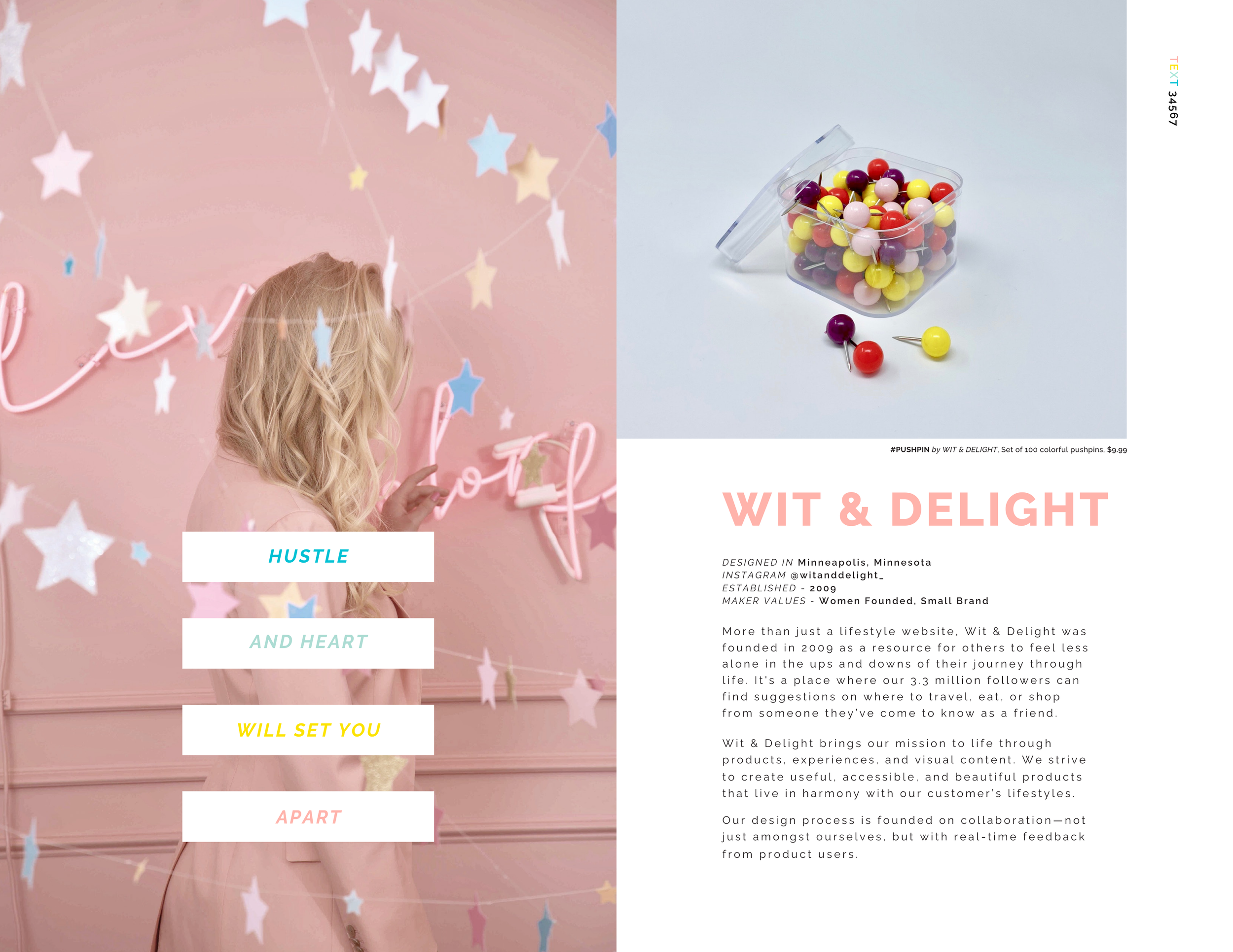 Whym catalog: blonde woman by pink neon sign, jar of colorful pushpins, and Wit & Delight brand profile text