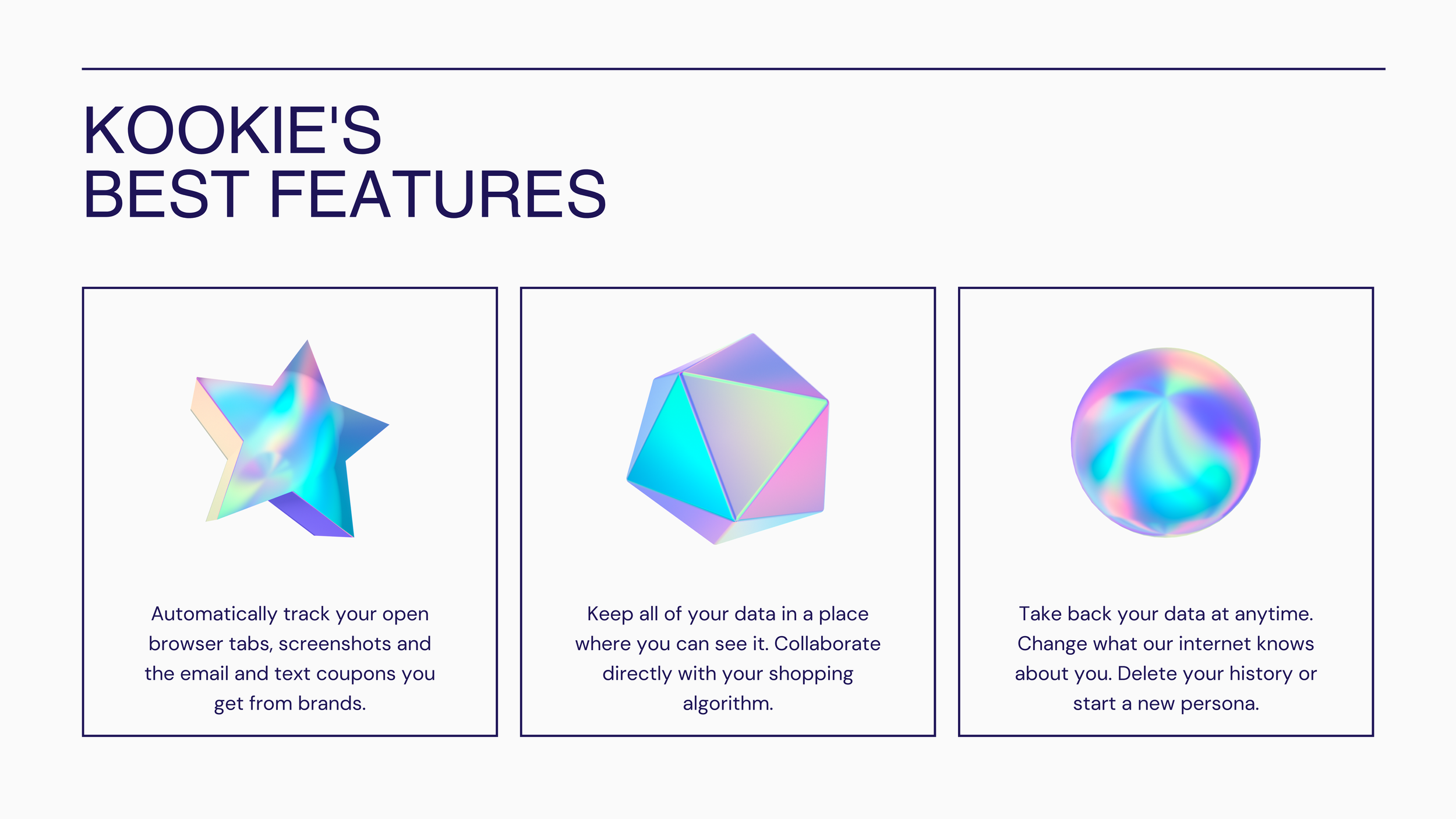 Slide "Kookie's Best Features" with three iridescent 3D shapes over feature descriptions about tracking tabs, data and personas