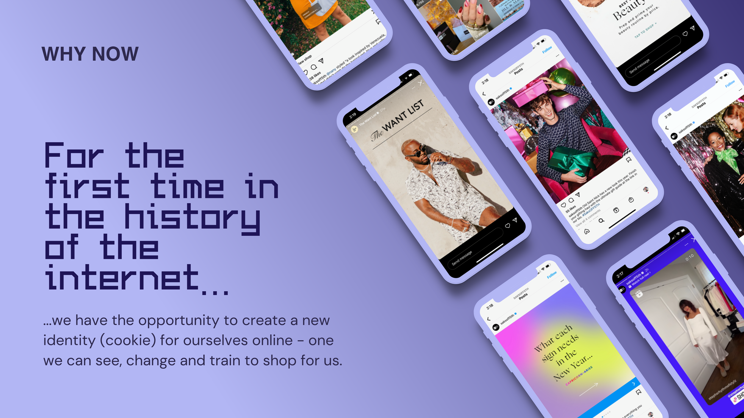 Kookie 'Why Now' slide: 'For the first time in the history of the internet...' beside floating Instagram-style phone mockups