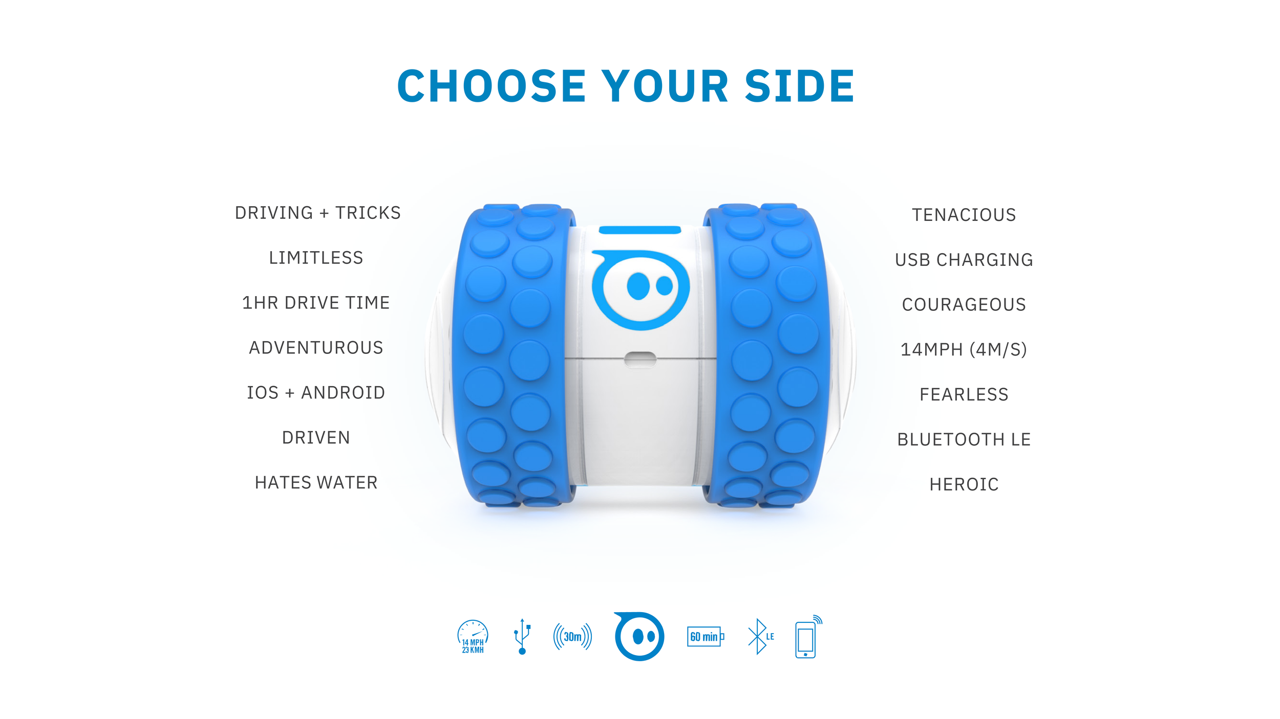 Blue Sphero Ollie robot on a 'Choose Your Side' spec graphic listing 14mph, 1hr drive time, iOS/Android, Bluetooth LE.