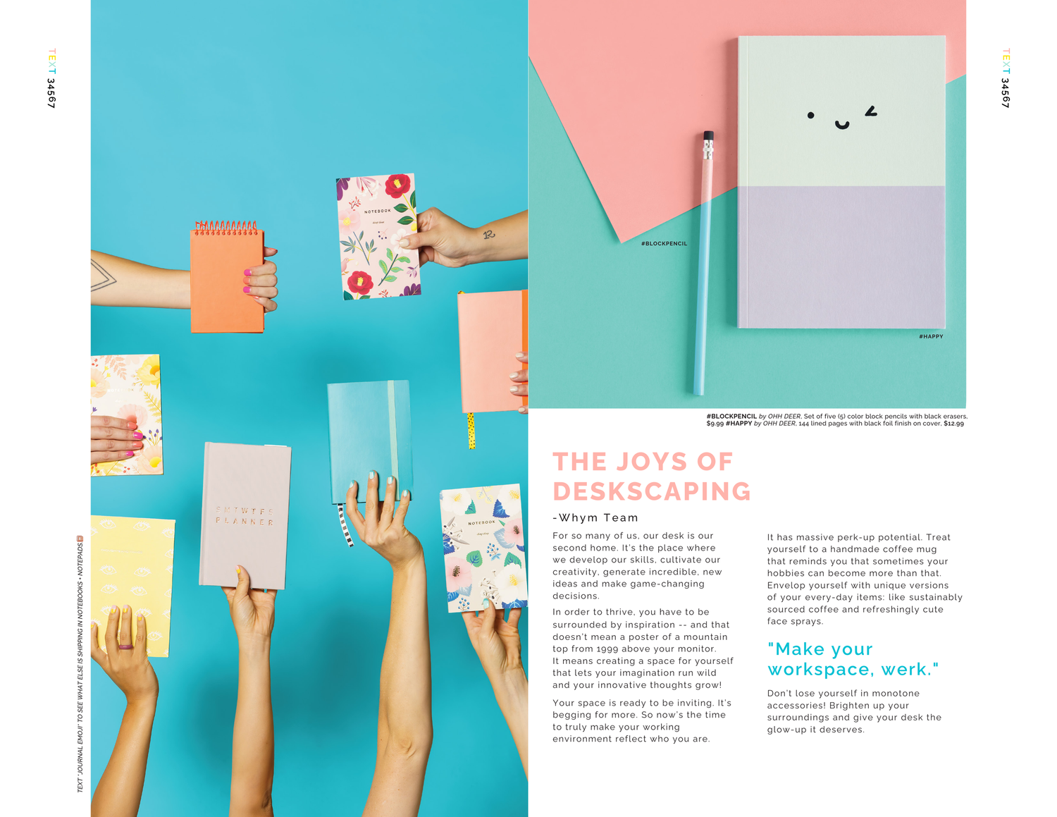 'The Joys of Deskscaping' spread: hands holding up notebooks and planners; Ohh Deer smiley notebook and pencil
