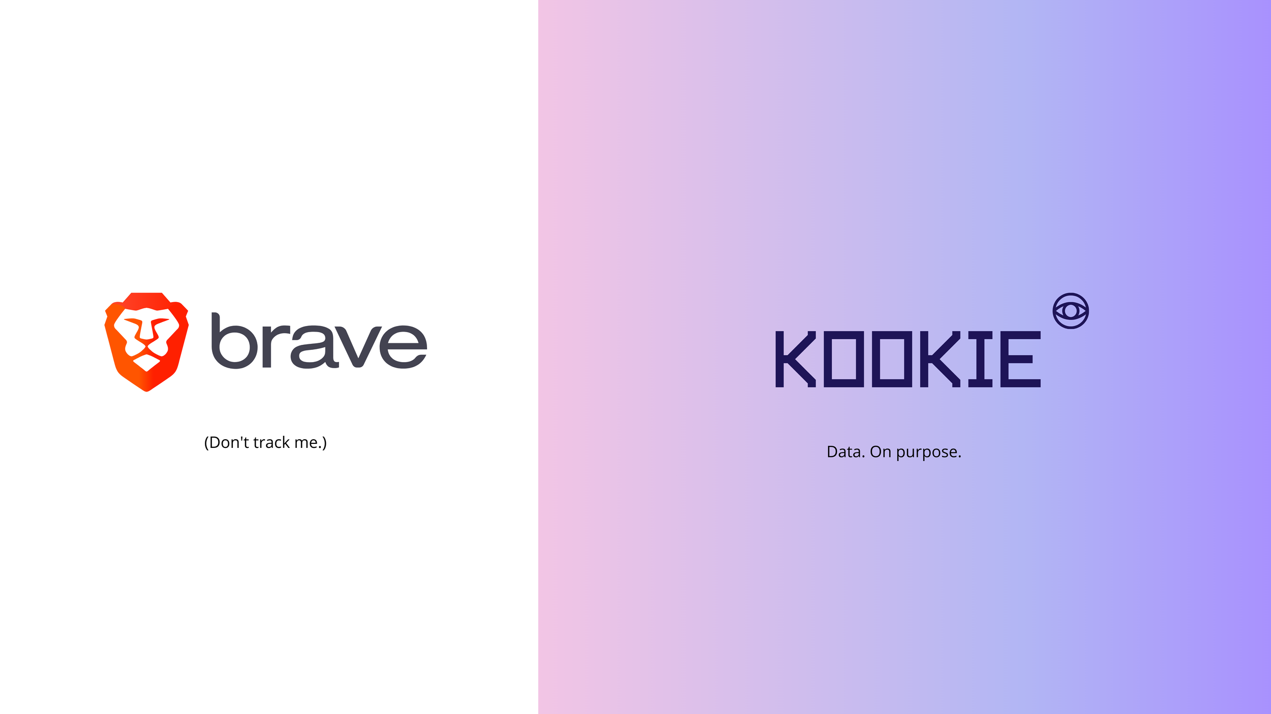 Comparison slide: Brave logo with 'Don't track me' beside the Kookie wordmark with eye icon and 'Data. On purpose.'